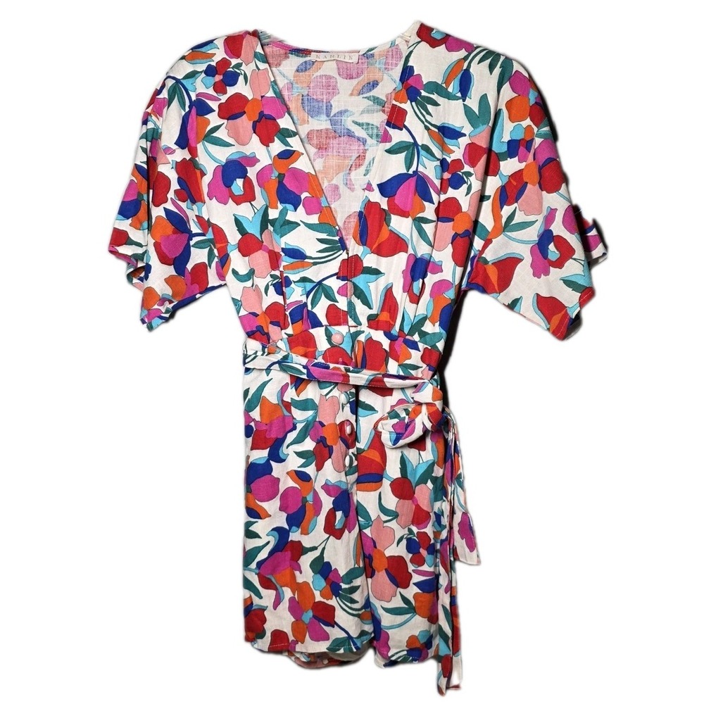 Karlie Button Front Floral Romper Womens Size Large Linen Blend Tropical Beach